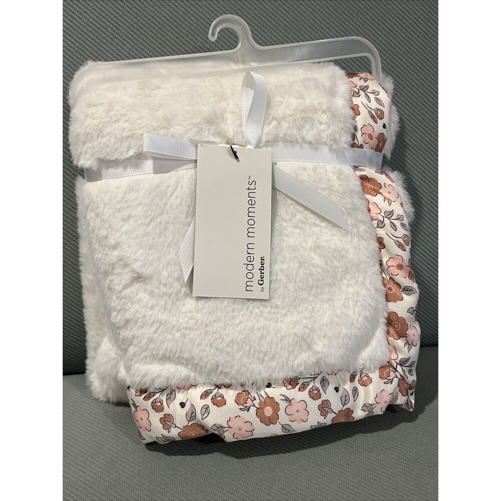 Gerber Modern Moments Plush Baby Blanket Pink Brown Satin Floral Trim Ivory NEW
